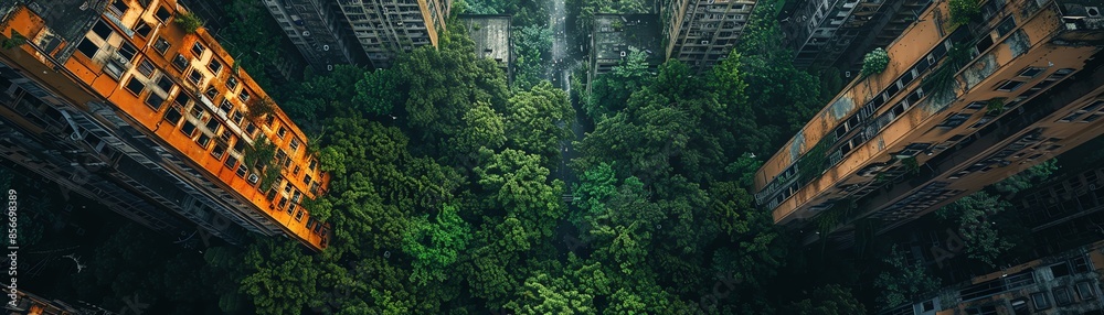 A lush green forest viewed from above, with buildings towering in the distance. A lush green forest viewed from above, with buildings towering in the distance.