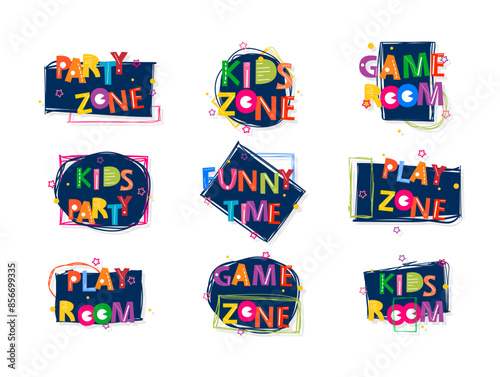 Kids zone badge party game room funny time play drawing label design template set vector flat