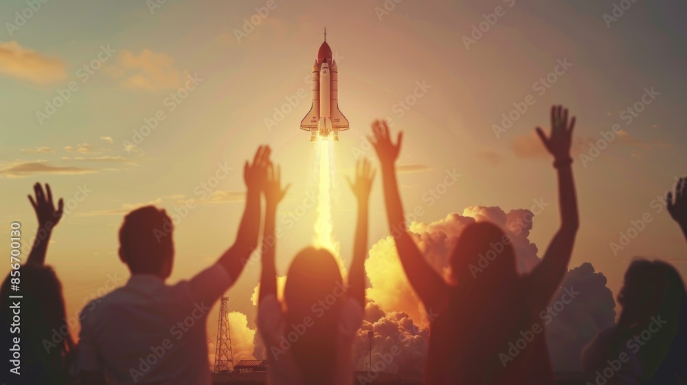 Silhouettes of People Watching a Rocket Launch at Sunset Silhouettes of People Watching a Rocket Launch at Sunset