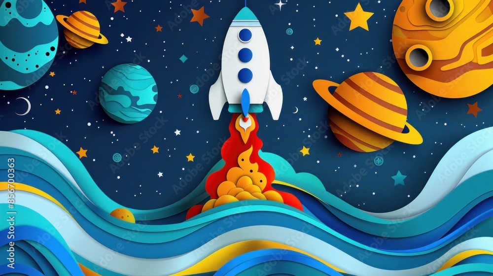 Fototapeta premium Rocket Launch in a Papercraft Universe