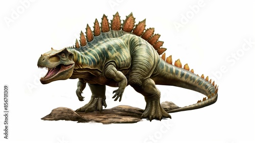 Illustration of a prehistoric dinosaur with spikes on its back, standing on rocks in a white background, perfect for educational use. © Suphot
