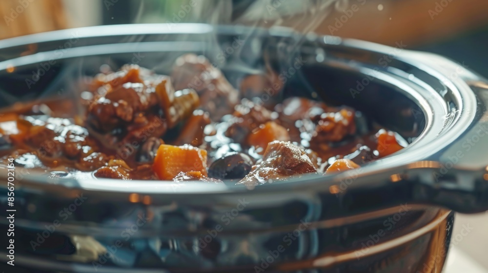 A close-up view of a pot of hot food with steam rising from the top