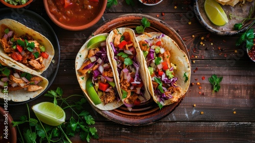 Wallpaper Mural Delicious Mexican tacos with meat, beans and vegetables on a dark background. Close up Torontodigital.ca
