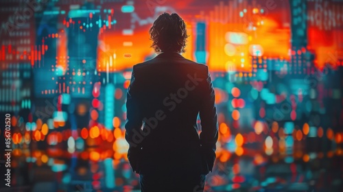 Detailed reverse silhouette of a financial advisor against a backdrop of stock market trends, captured with professional studio lighting © 2D_Jungle