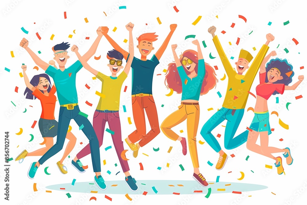 Excited group of young people celebrating together with colorful confetti flying in the air. Excited group of young people celebrating together with colorful confetti flying in the air.