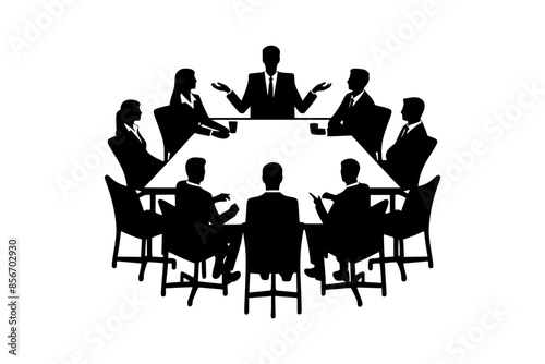 Illustration of business people in a meeting, with coworkers sitting at a table in silhouette form.