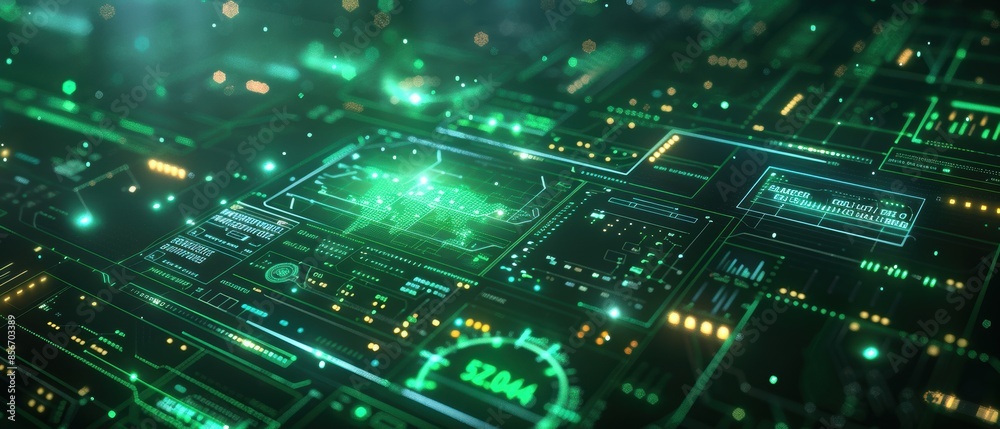 Futuristic Digital Interface with Green and Orange Lights.