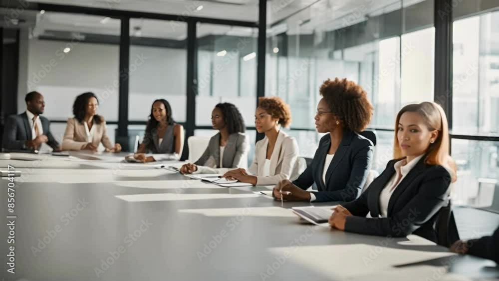 Black business woman leading a group of colleagues in a modern office boardroom Black business woman leading a group of colleagues in a modern office boardroom
