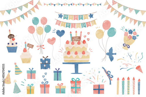 誕生日の水彩風イラストパーツセット