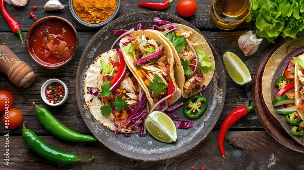 Delicious Mexican tacos with meat, beans and vegetables on a dark background. Close up Delicious Mexican tacos with meat, beans and vegetables on a dark background. Close up
