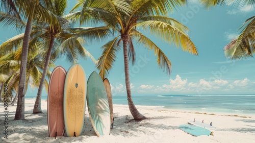 Fototapeta Naklejka Na Ścianę i Meble -  Tropical Beach with Surfboards and Palm Trees - Colorful surfboards resting against palm trees on a sunny tropical beach, perfect for summer vibes and coastal living.