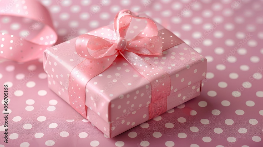 Fototapeta premium Charming pink gift box tied with a satin ribbon, on a polka dot background, perfect for anniversaries, detailed and raw style