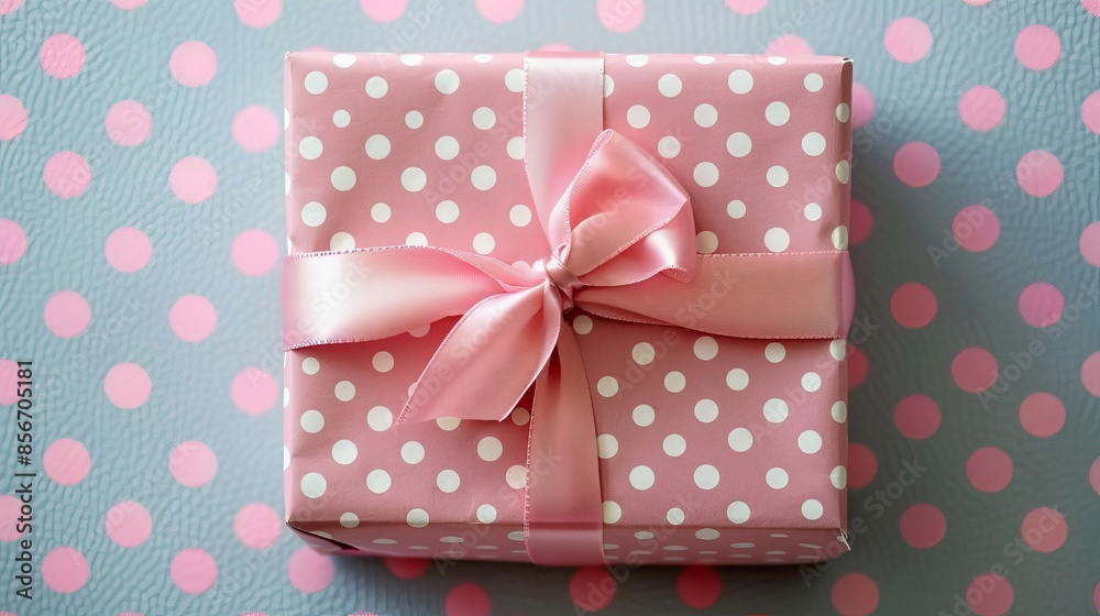 Charming pink gift box tied with a satin ribbon, on a polka dot background, perfect for anniversaries, detailed and raw style Charming pink gift box tied with a satin ribbon, on a polka dot background, perfect for anniversaries, detailed and raw style