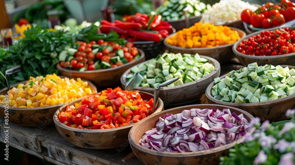 Colorful salad buffet with fresh vegetables, catering and event planning theme, ideal for events, raw style, detailed and inviting Colorful salad buffet with fresh vegetables, catering and event planning theme, ideal for events, raw style, detailed and inviting