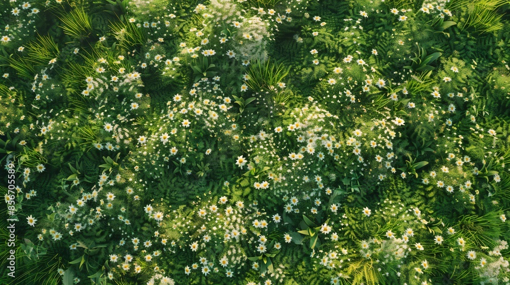 An aerial view of a daisy field with diverse shades of green grass, showcasing the beauty of spring. An aerial view of a daisy field with diverse shades of green grass, showcasing the beauty of spring.