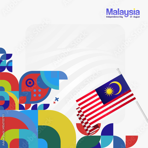 Malaysia Independence Day banner in modern geometric style. Square banner for website and post with typography. Background for National holiday celebration. Happy Independence Day of Malaysia