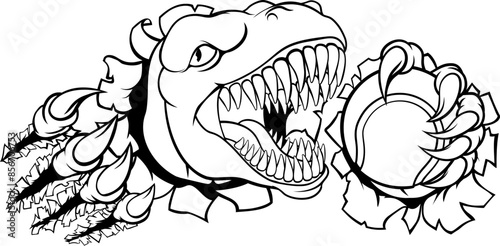 A dinosaur T Rex or raptor tennis player cartoon animal sports mascot holding a ball in its claw