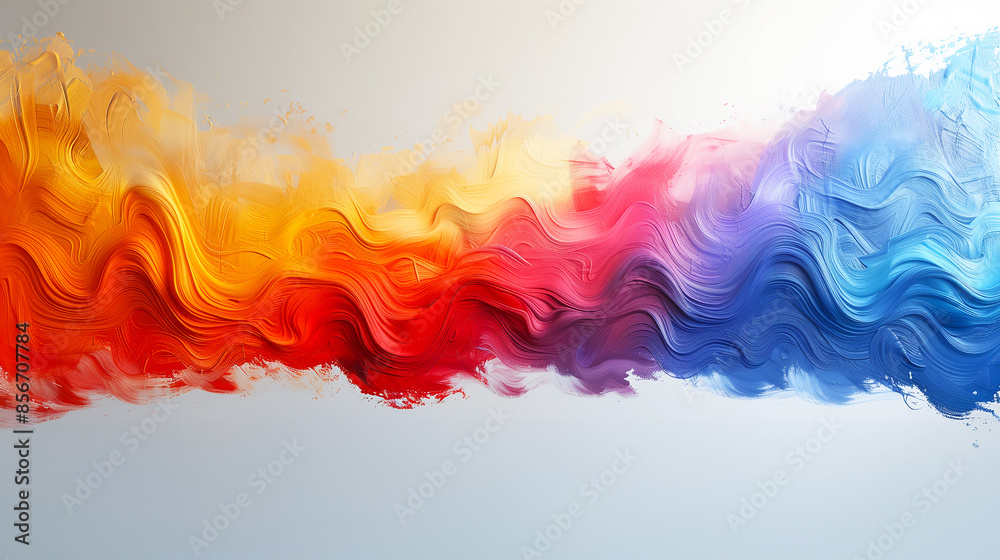 rainbow colorful abstract 3d background with flowing, wavy lines in a gradient of colors. The composition transitions from cool blue and purple hues to warm orange and red tones 