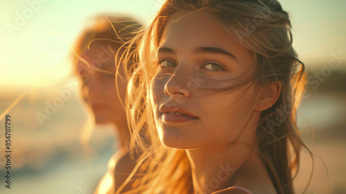 A picturesque scene of girls enjoying the beach breeze in fashionable summer wear. © LensDreamer