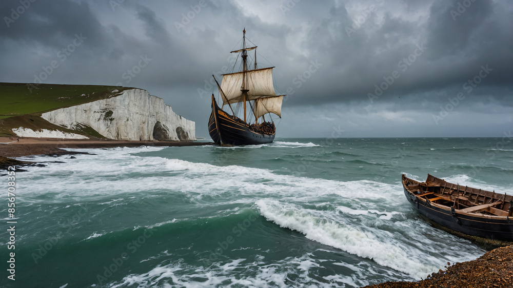 Obraz premium The arrival of the Vikings in England in ancient times.