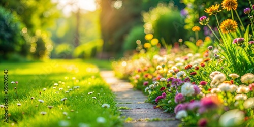 Fototapeta Naklejka Na Ścianę i Meble -  A vibrant and tranquil garden in the golden sunlight, with a variety of colorful flowers bordering the lush green grass, creating a serene and picturesque scene.