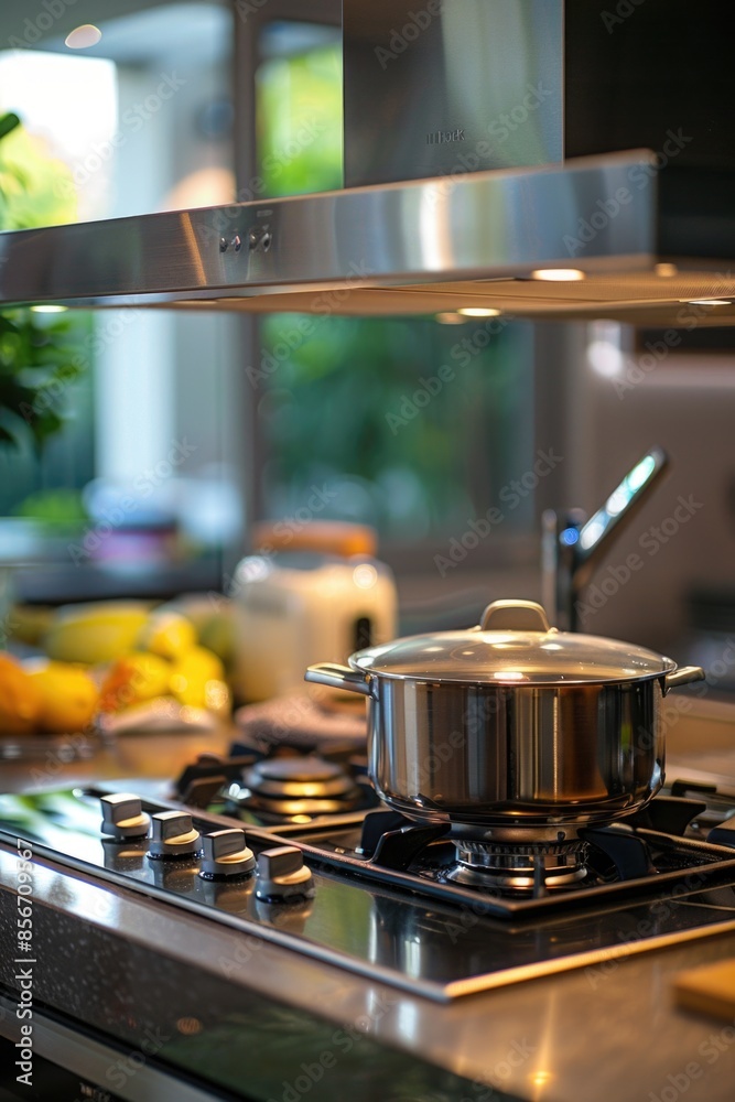 A pot sits on top of a stove in a kitchen, ideal for cooking and meal preparation A pot sits on top of a stove in a kitchen, ideal for cooking and meal preparation