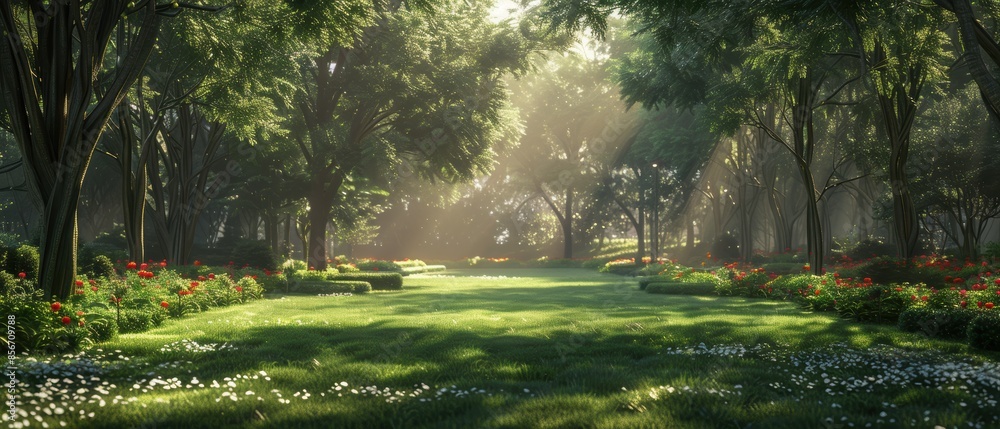 Obraz premium Sunbeams in a magical forest.