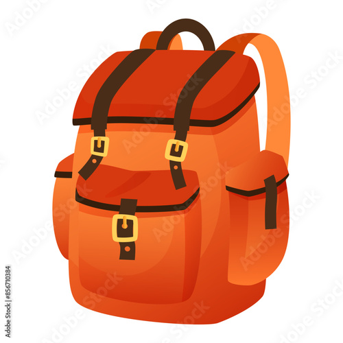 Vector illustration of a tourist backpack in retro style. Hiking backpack for equipment, for camping, mountaineering, adventure. Satchel, briefcase, red backpack