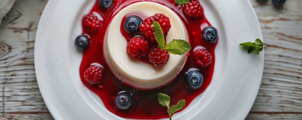 Aerial view of a rich and creamy panna cotta with fresh berries, beautifully presented