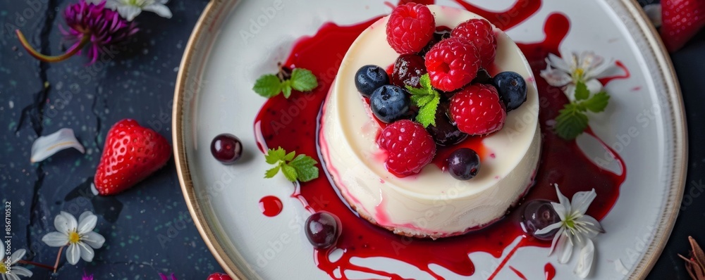 Aerial view of a rich and creamy panna cotta with fresh berries, beautifully presented Aerial view of a rich and creamy panna cotta with fresh berries, beautifully presented
