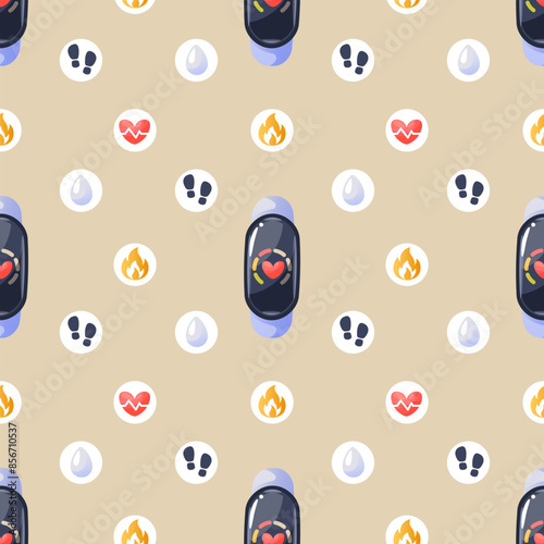 Illustration of a fitness tracker surrounded by signs for heart rate, calorie and step counting and hydration level. Fitness bracelet for monitoring physical activity and healthy lifestyle.