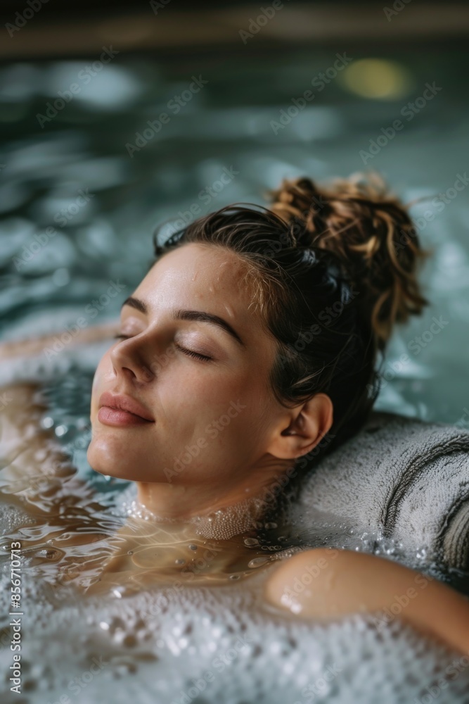 A woman lying down in a body of calm water, her eyes closed A woman lying down in a body of calm water, her eyes closed