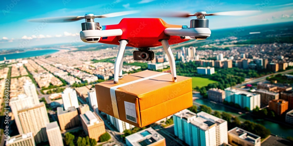 Fototapeta premium A high-speed drone with a delivery package hovers mid-air against a blurred cityscape, showcasing the dynamic and innovative approach to modern logistics and urban transportation.