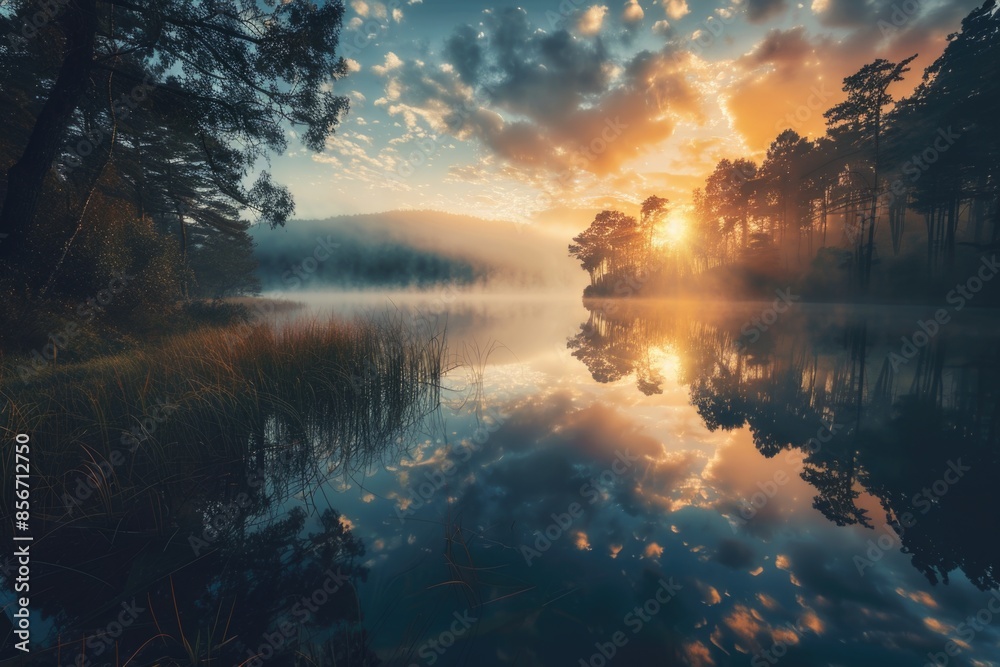 A serene lakeside scene at sunset, with trees in the background A serene lakeside scene at sunset, with trees in the background