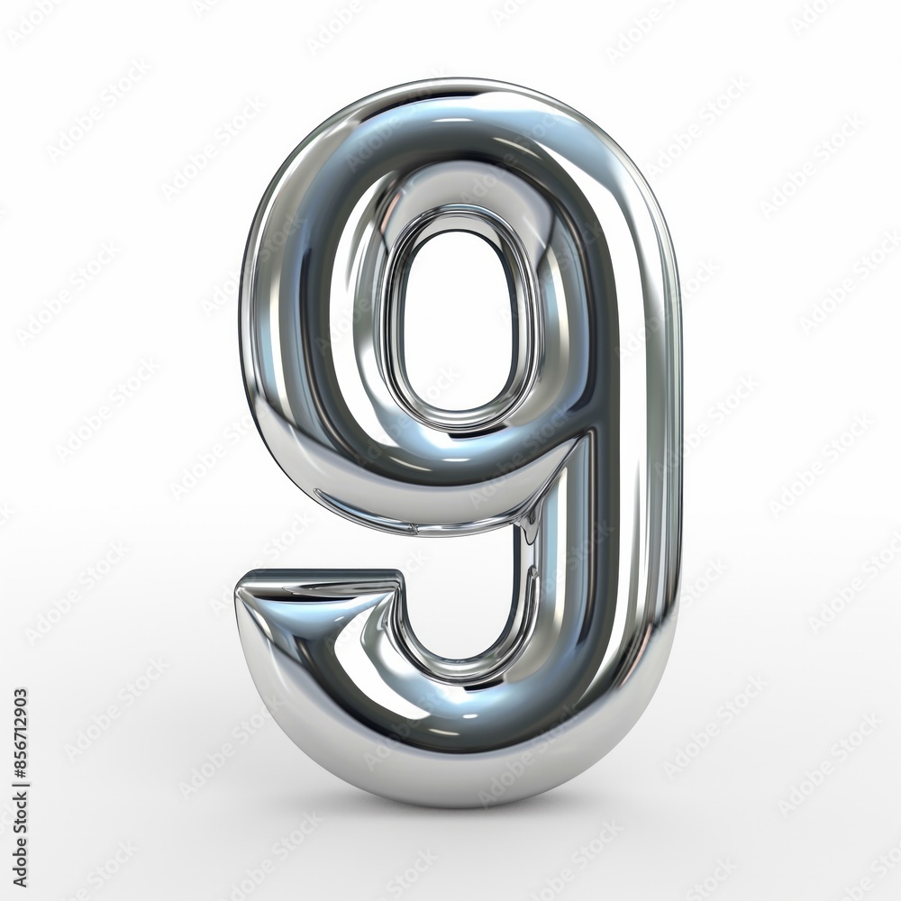 a shiny chrome number 9 on a white background, ideal for use in design projects and numeric displays. a shiny chrome number 9 on a white background, ideal for use in design projects and numeric displays.