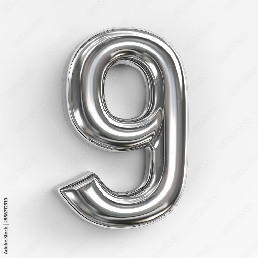 a shiny chrome number 9 on a white background, ideal for use in design projects and numeric displays. a shiny chrome number 9 on a white background, ideal for use in design projects and numeric displays.