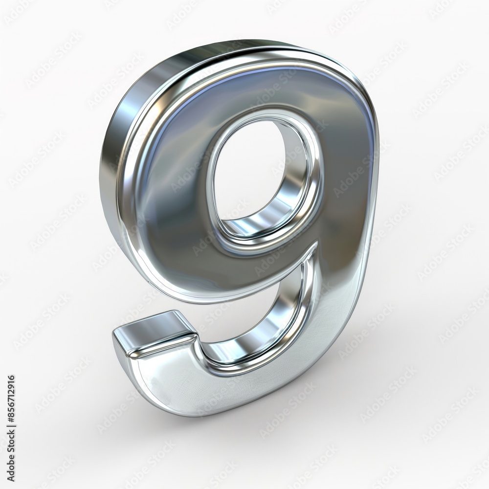 a shiny chrome number 9 on a white background, ideal for use in design projects and numeric displays.