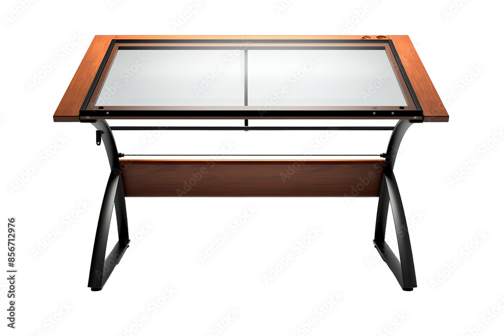 A Contemporary Glass-Top Desk With Wooden Accents on a Clear PNG or White Background. A Contemporary Glass-Top Desk With Wooden Accents on a Clear PNG or White Background.