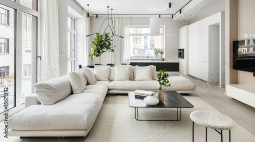 An urban minimalist oasis with a white canvas backdrop, Contemporary furniture arrangement in a downtown loft, Urban minimalism style