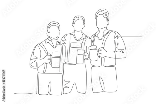 Three men with beer. Oktoberfest concept one-line drawing