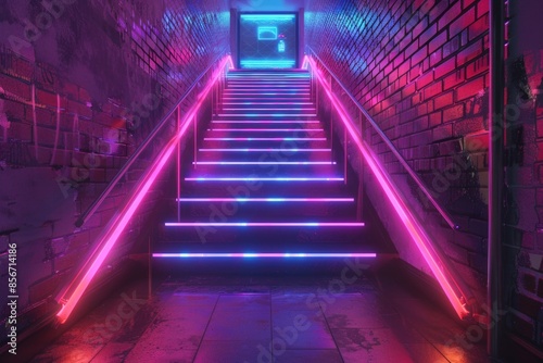 A set of stairs illuminated by neon lights, great for use in nightlife, club, or event themes