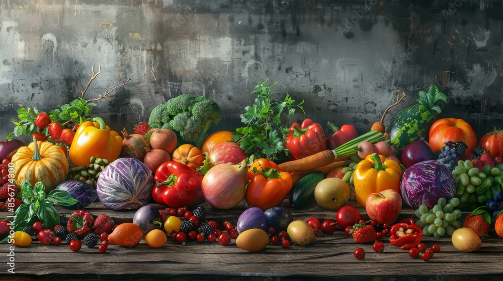 Abundant Fresh Produce on Rustic Table Abundant Fresh Produce on Rustic Table