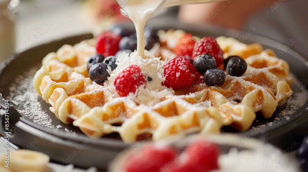 Image 11 A stepbystep demonstration of how to make coconut waffles from whisking the batter to pouring it onto a hot waffle iron to topping it with fresh berries and coconut flakes.