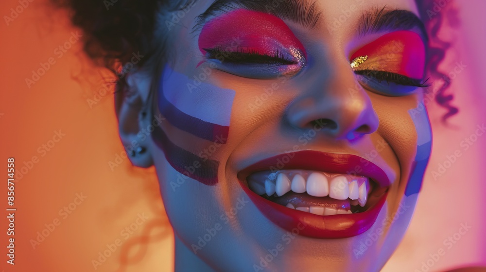 LGBTQIA individual smiling confidently with vibrant makeup in a studio close up, focus on selfexpression and creativity whimsical Blend mode studio backdrop LGBTQIA individual smiling confidently with vibrant makeup in a studio close up, focus on selfexpression and creativity whimsical Blend mode studio backdrop