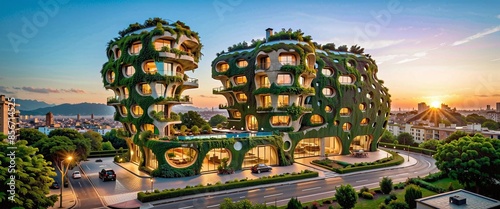 conceptual representation of a futuristic energetic apartment building with a planted facade to regulate the temperature and create green spaces for natural diversity