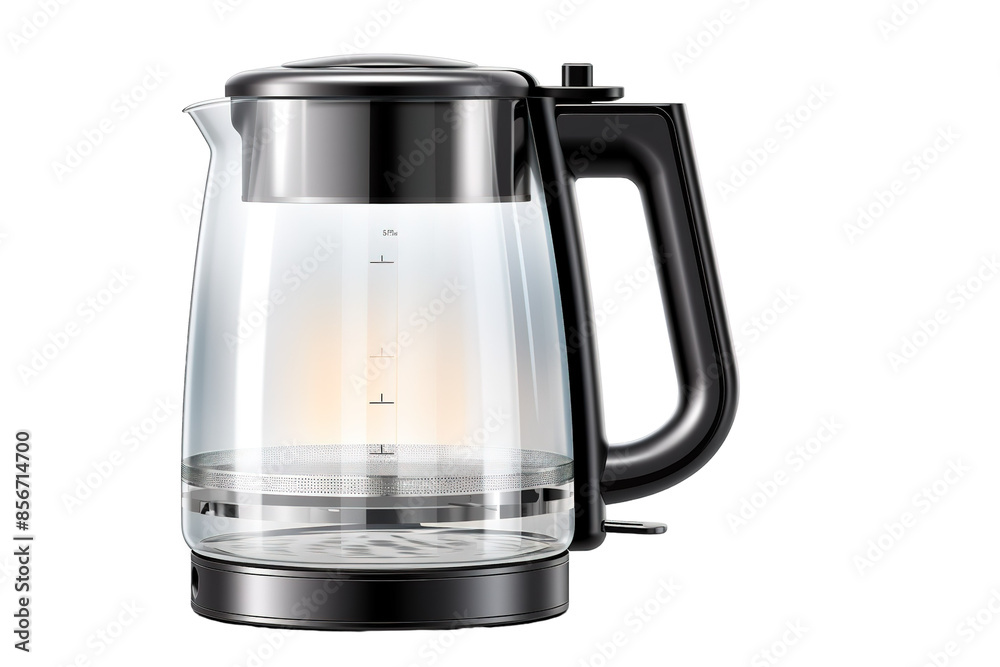 A Sleek Black Electric Kettle With a Clear Glass Body Ready to Boil Water on a Clear PNG or White Background. A Sleek Black Electric Kettle With a Clear Glass Body Ready to Boil Water on a Clear PNG or White Background.