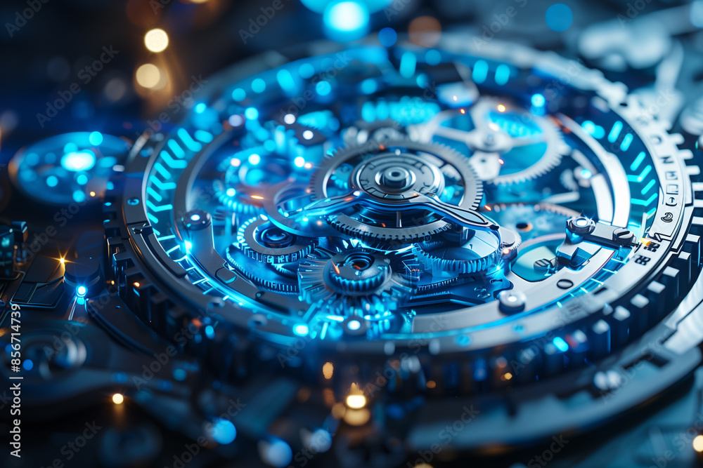 Close-up of a steampunk pocket watch with intricate gears and blue light emanating from it Close-up of a steampunk pocket watch with intricate gears and blue light emanating from it