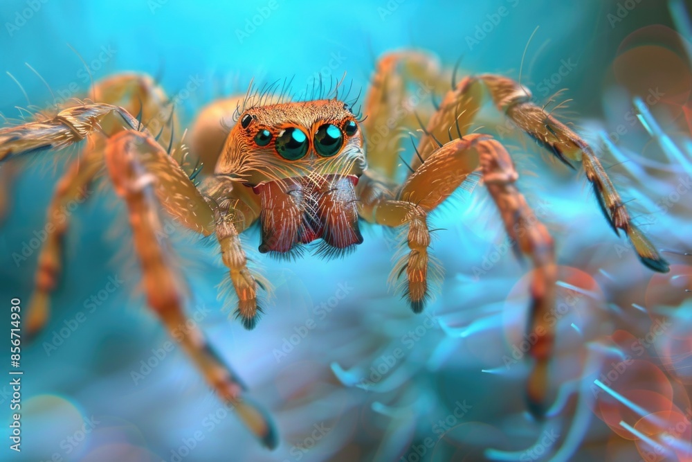 A macro shot of a spider with striking blue eyes, often used in science and nature photography A macro shot of a spider with striking blue eyes, often used in science and nature photography