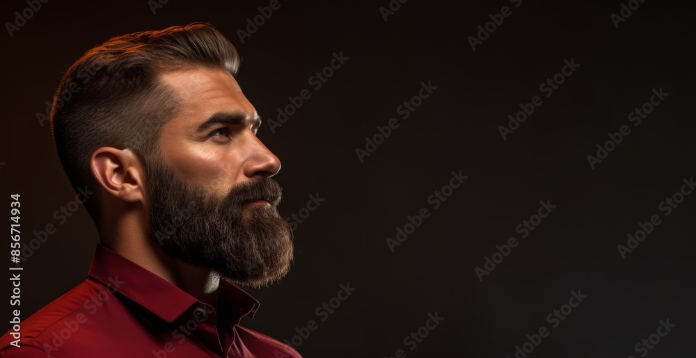Obraz premium Trendy man with a perfectly lined beard and mustache on a dark maroon background