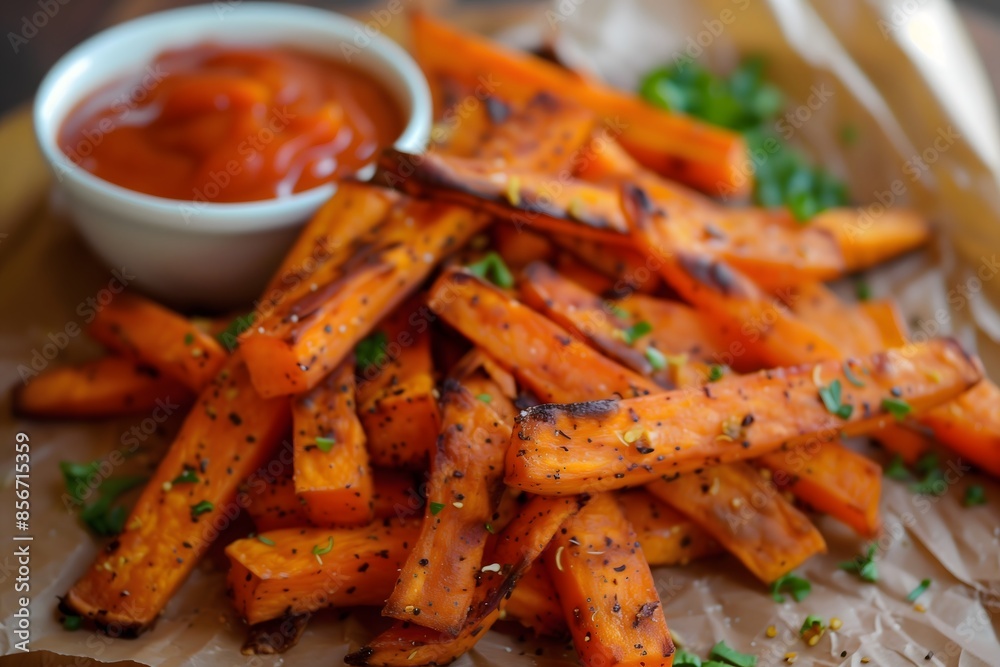 Delicious sweet potato fries served with a side of ketchup Delicious sweet potato fries served with a side of ketchup